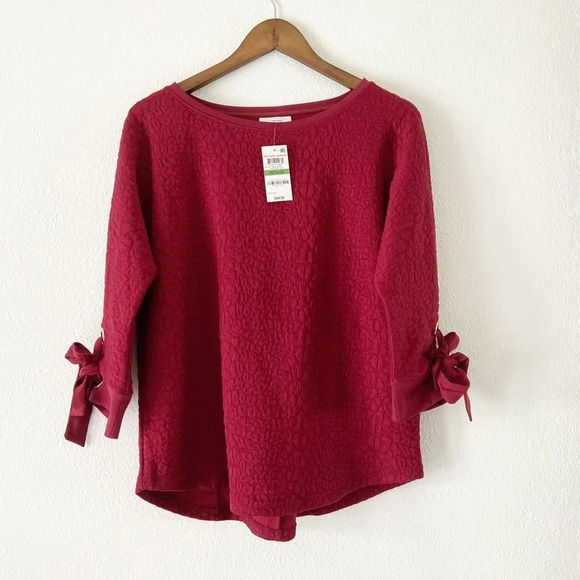 Charter Club Tie Cuff Blouse Artisan Garden Red Large Petite NEW Elegant Preppy - Picture 3 of 10